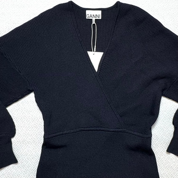 NWT GANNI Dress Dark Navy V-Neck Wrap-effect Ribbed-knit Mini Skirt Size M - Picture 6 of 13
